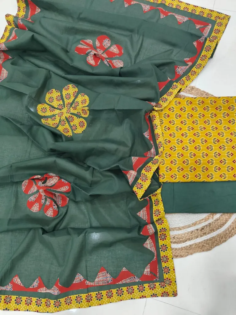 Hand block printed Cotton suit with beautiful patchwork duptta.