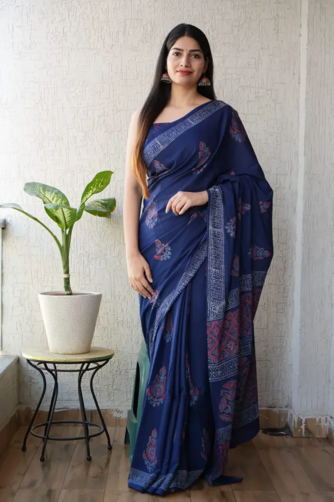 Hand block print cotton mulmul Royal blue saree