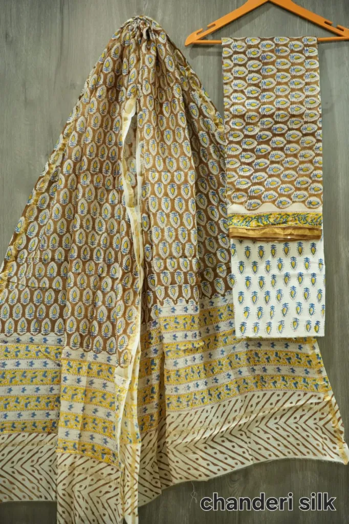 Hand block  printed Chandari silk  royal pista colour dress  material(suit)