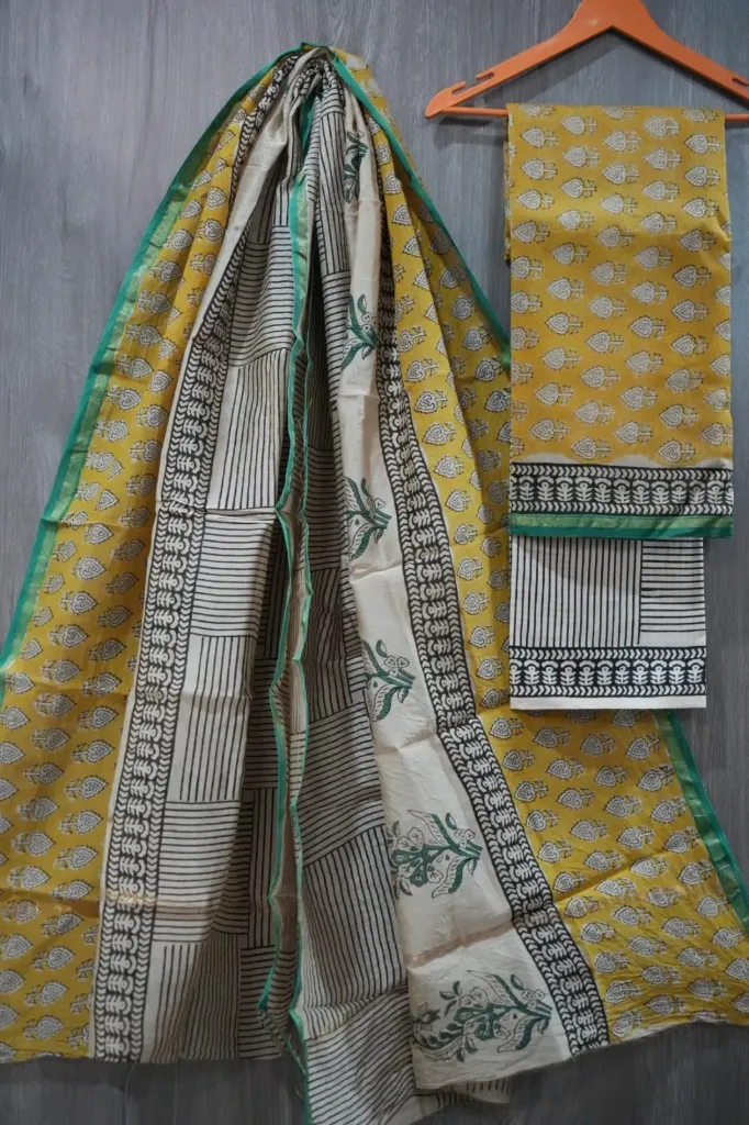 Hand block  printed Chandari silk  royal yellow colour dress  material(suit)