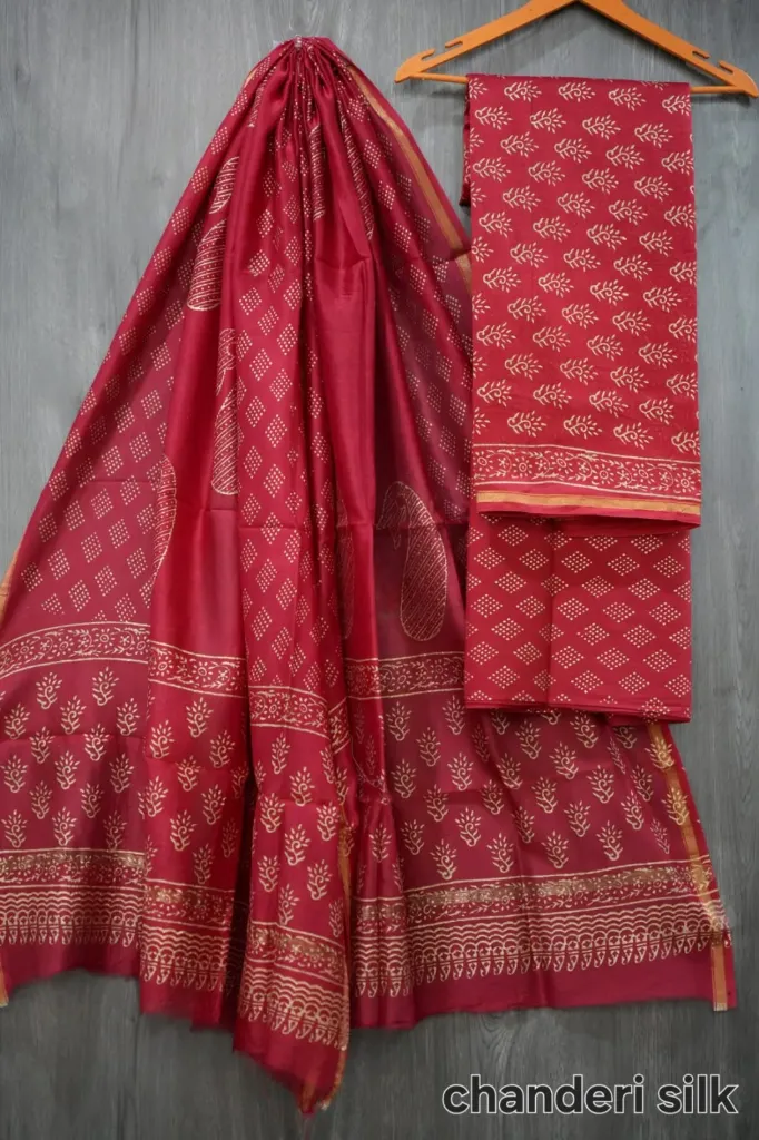 Hand block  printed Chandari silk  royal dark pink colour dress  material(suit)