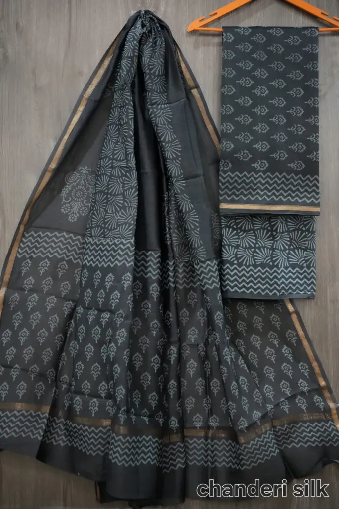 Hand block  printed Chandari silk  royal blue colour dress  material(suit)