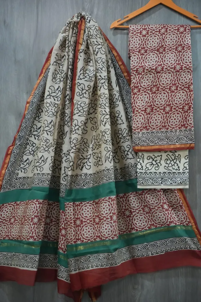 Hand block  printed Chandari silk  royal blue colour dress  material(suit)