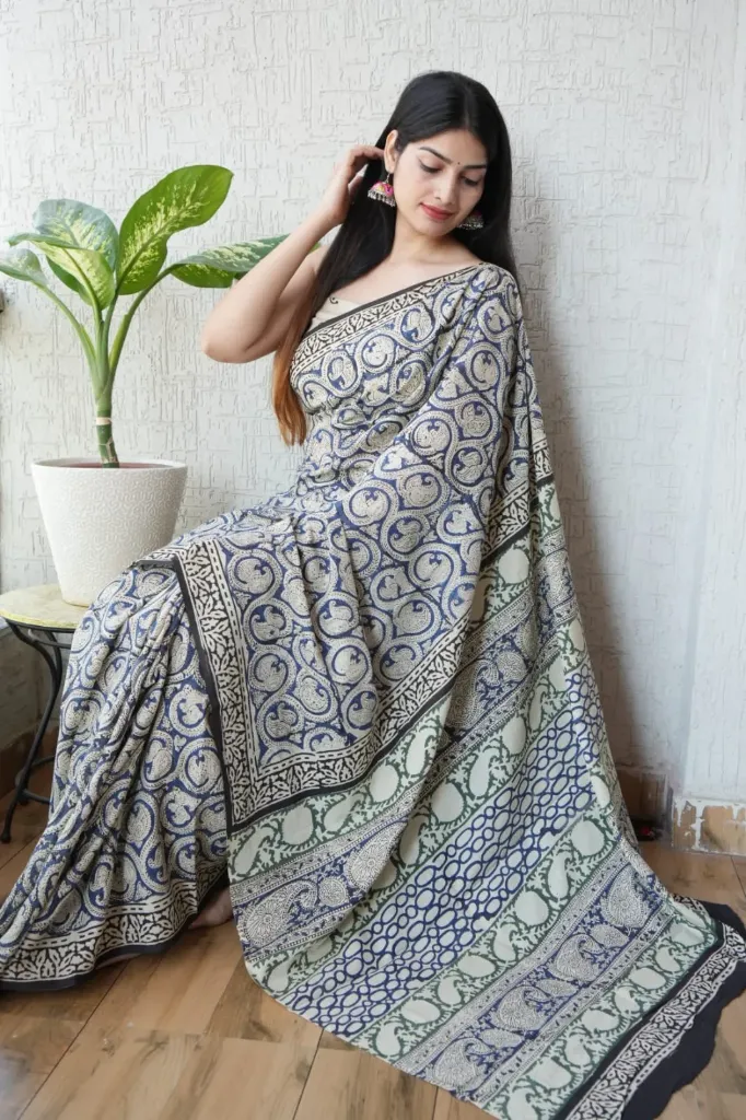 Hand block print cotton mulmul  beige colour saree