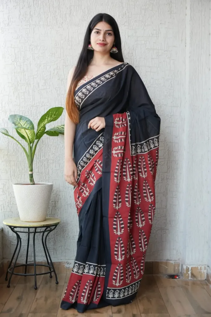 Hand block printed black red bordered cotton mulmul saree