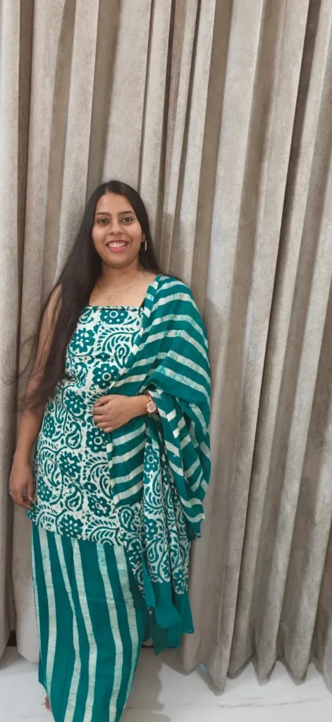 Hand block  and batique  printed Cotton suit with superfine mulmul  lahariya duptta and lahariya bottom