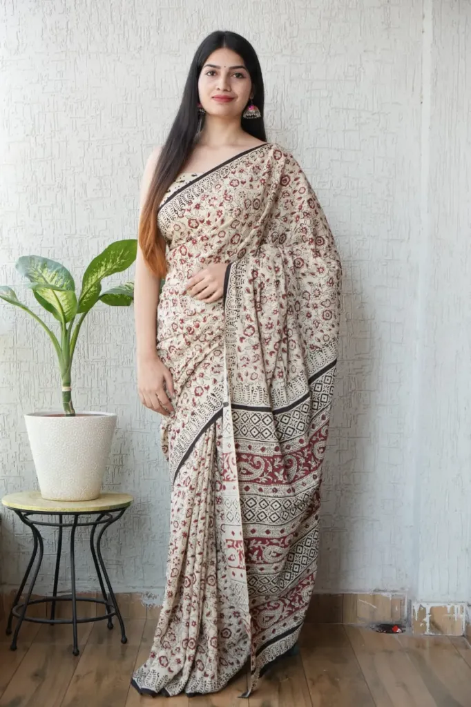 Hand block &Ajrak print cotton mulmul saree