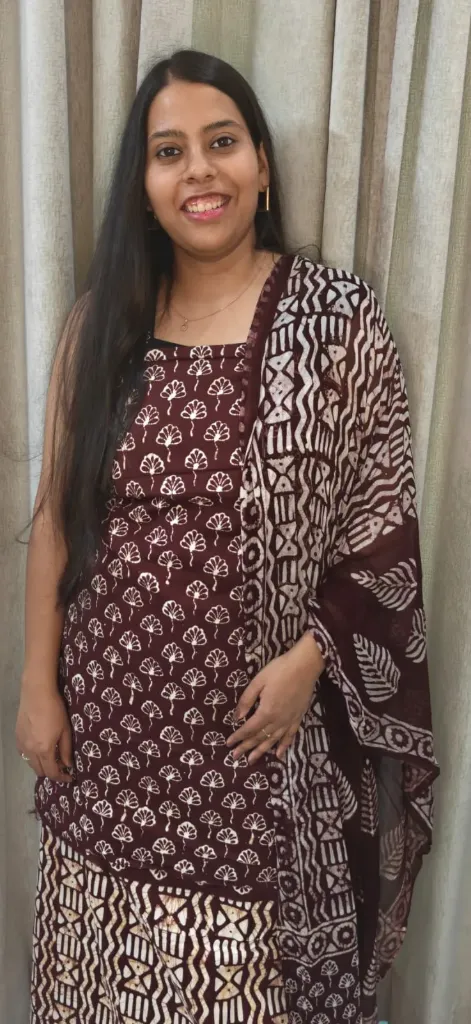 Hand block  and batique  printed Cotton  suit with superfine  mulmul duptta