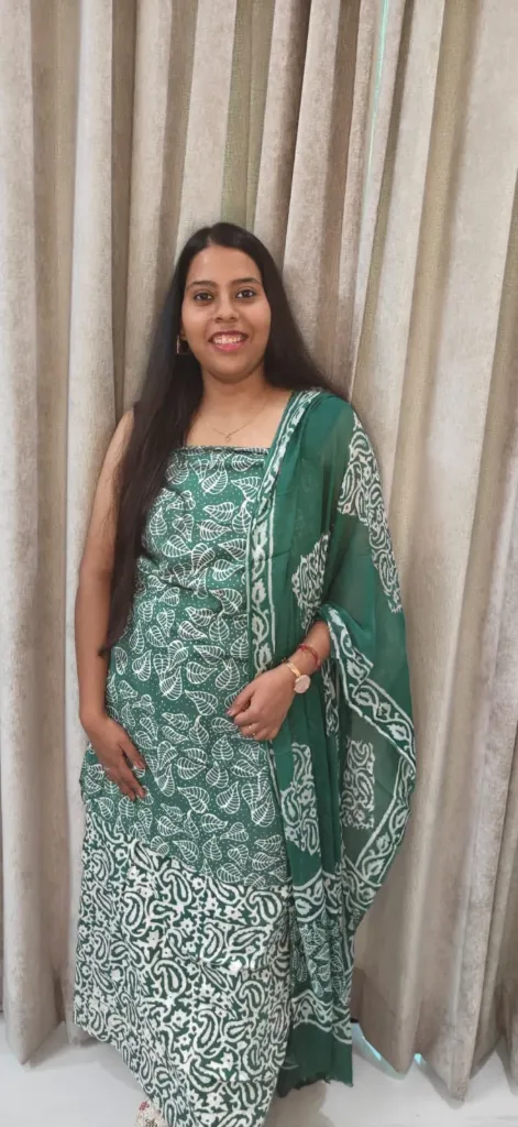 Hand block  and batique  printed Cotton  suit with superfine  mulmul duptta
