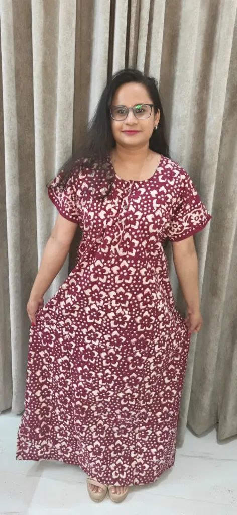 Hand batique print gown(night wear) red in colour