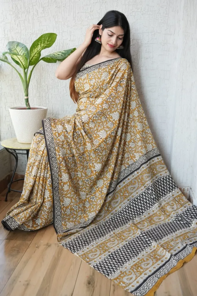 Hand block floral print yellow saree