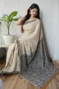 Hand block printed cotton mulmul cream colour saree