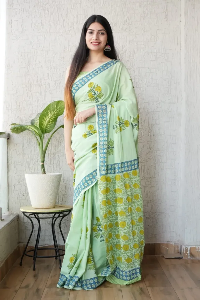 Hand block printed Emerald Green colour mulmul cotton saree