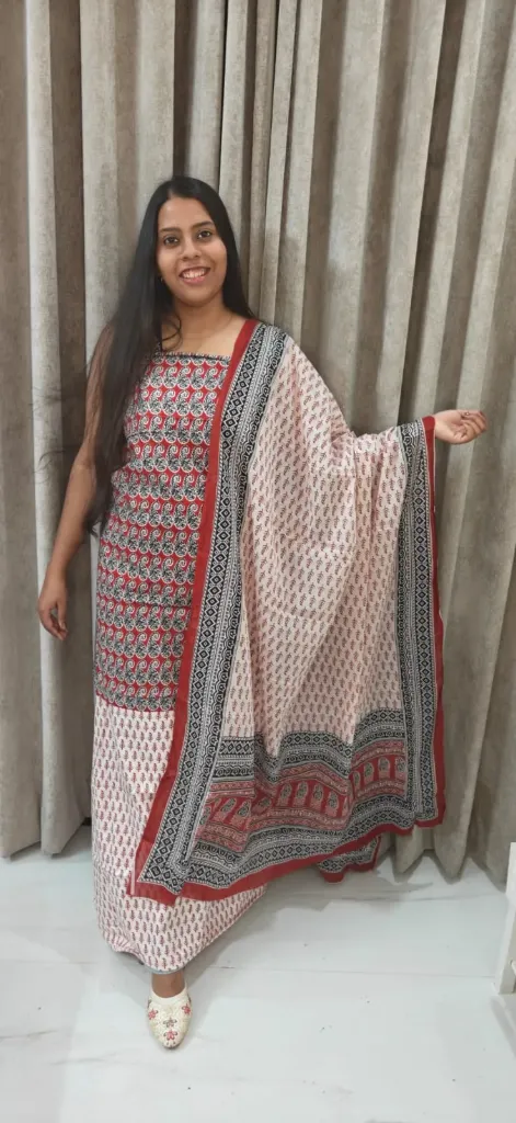 Hand block bagha  printed Cotton suit with superfine mulmul  duptta