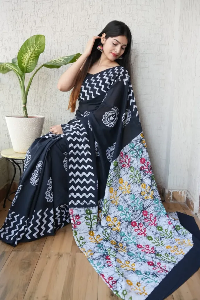 Hand block & batique print black cotton mulmul saree