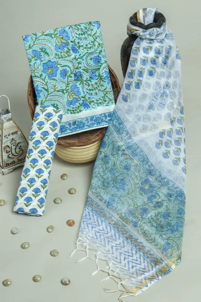 Hand block printed Cotton suit with kota doriya duptta