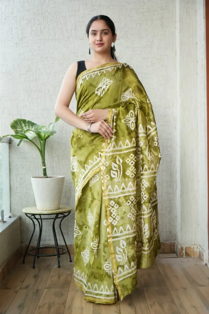 Hand Block Printed Pistachio Green Chanderi Silk Saree