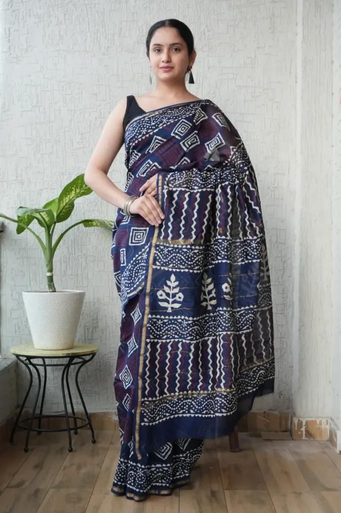 Hand Block Printed Royal Blue Chanderi Silk Saree