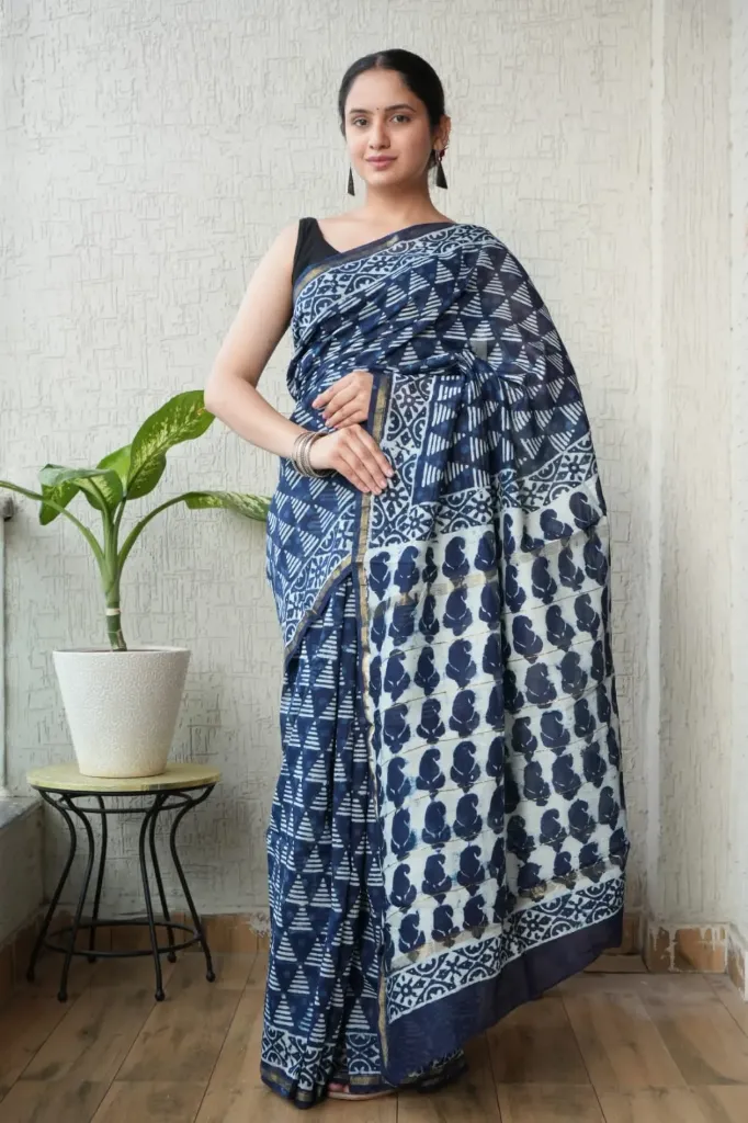 Ajrak Peacock Blue Chanderi Silk Saree