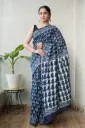 Ajrak Peacock Blue Chanderi Silk Saree