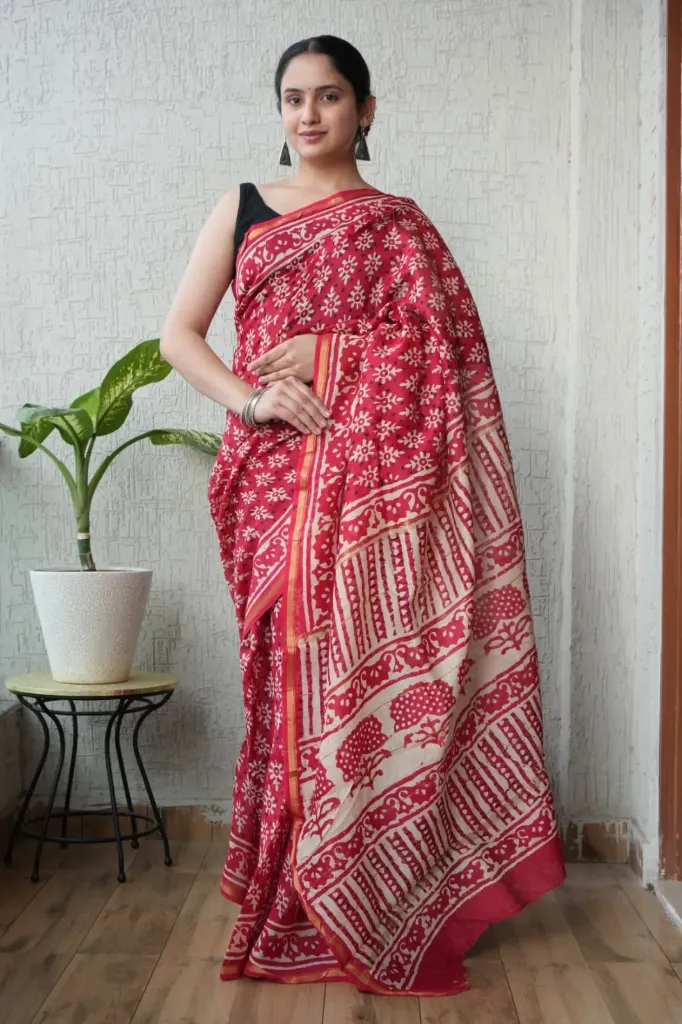 Hand Batique Red Chanderi Silk Saree