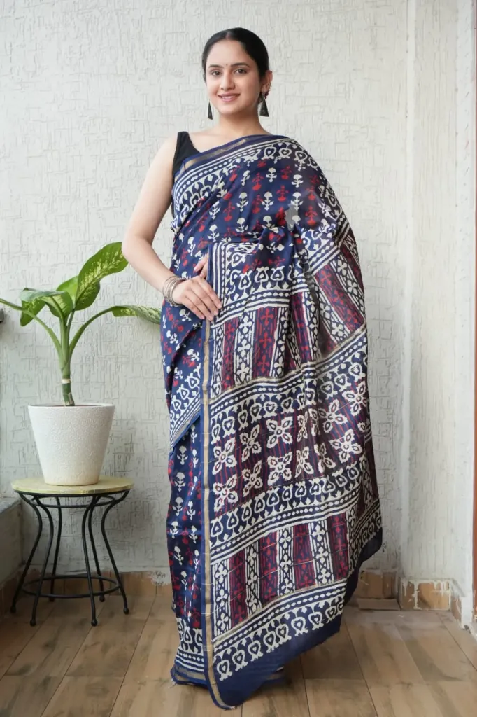 Hand Batique Tri-Tone Chanderi Silk Saree