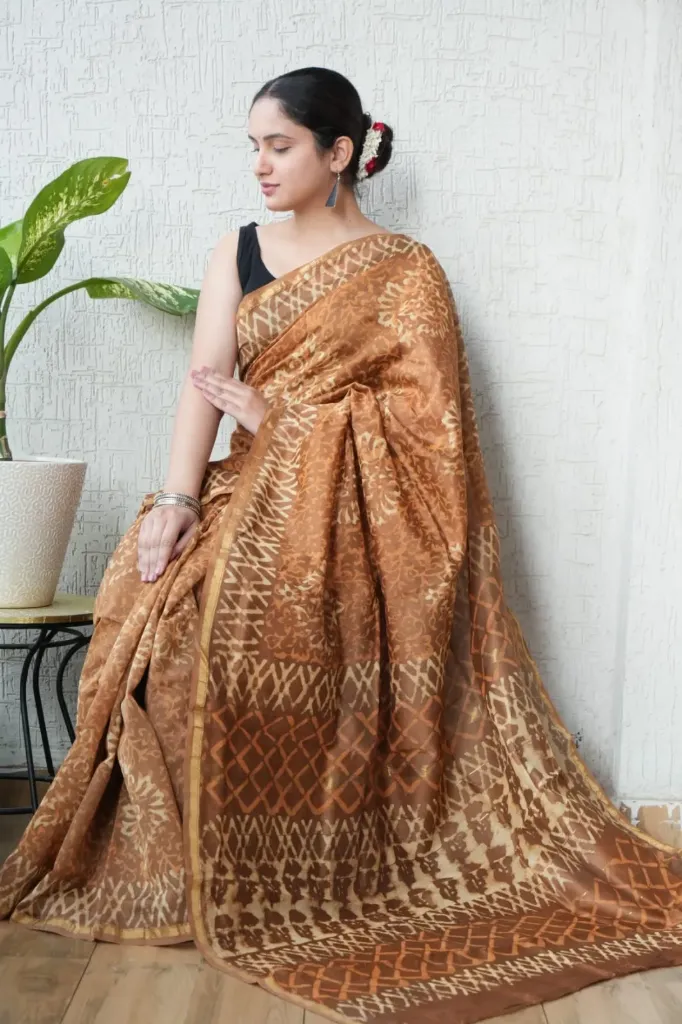 Hand Batique Rust Chanderi Silk Saree