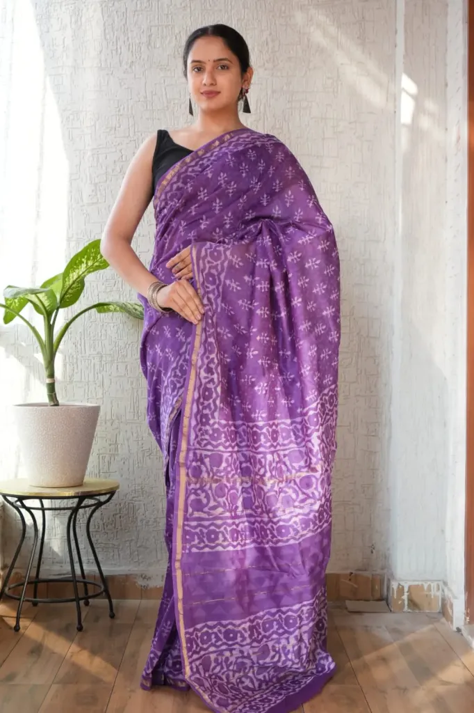 Hand Batique Indigo Chanderi Silk Saree