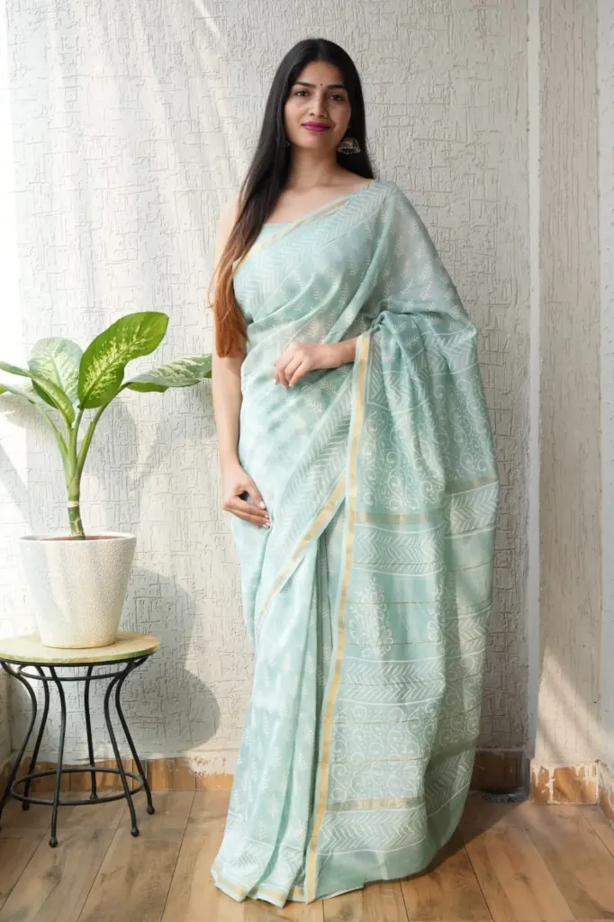 Hand Batique Earthy Green Chanderi Silk Saree