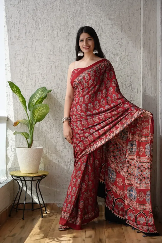 Pure Ajrakh Print Oxyred Modal Silk Saree
