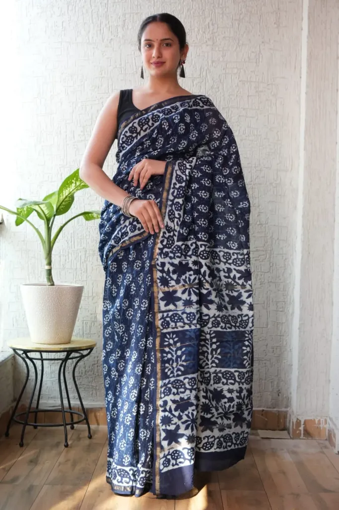 Ajrak Ink Blue Chanderi Silk Saree
