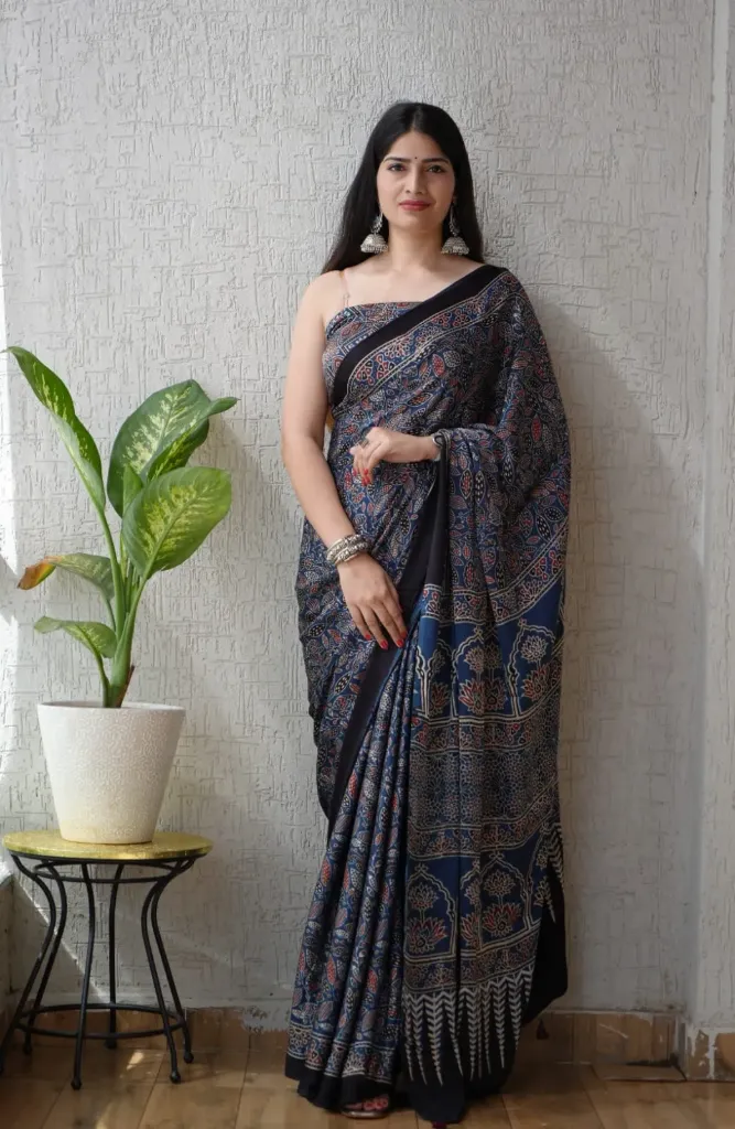 Royal Sapphire Pure Ajrakh Silk Saree with Elegant Champakali Work