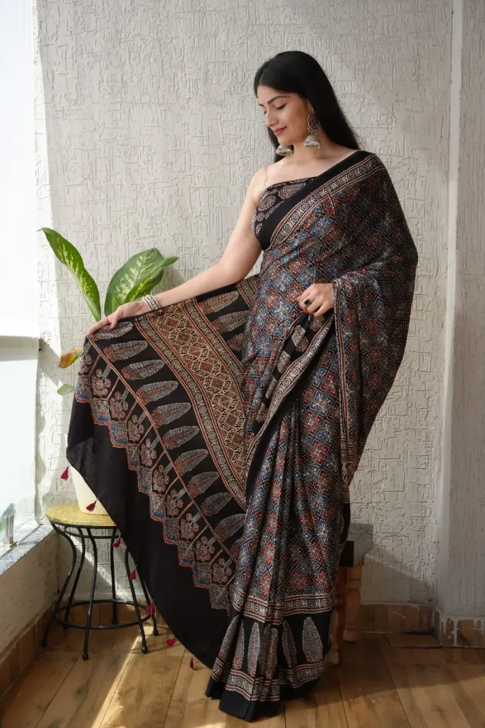 Midnight Black Pure Ajrakh Silk Saree with Rich Champakali Ajrakh Work