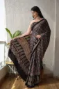 Midnight Black Pure Ajrakh Silk Saree with Rich Champakali Ajrakh Work