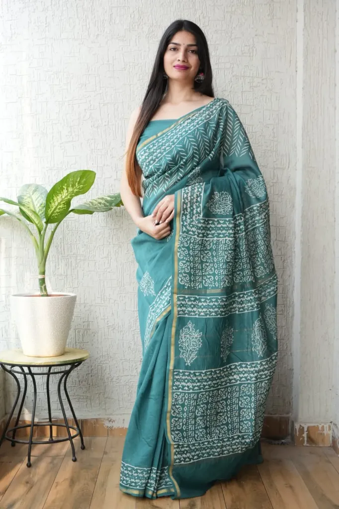 Hand Block & Ajrakh Mixed Print Turquoise Blue Chanderi Silk Saree