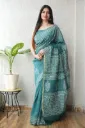 Hand Block & Ajrakh Mixed Print Turquoise Blue Chanderi Silk Saree