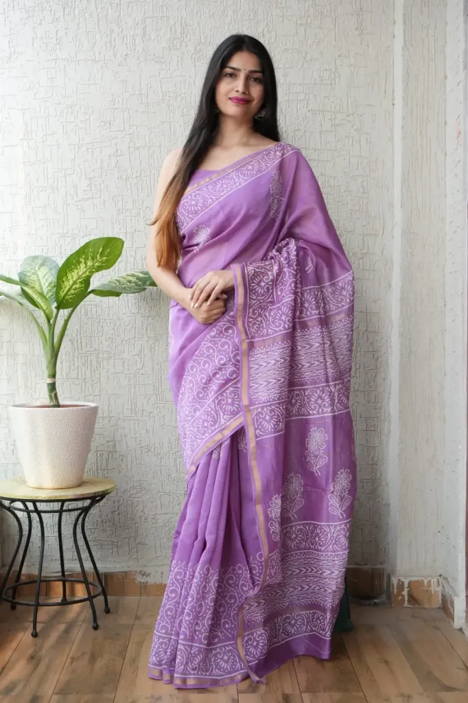 Hand Block & Ajrakh Mixed Print Lavender Chanderi Silk Saree