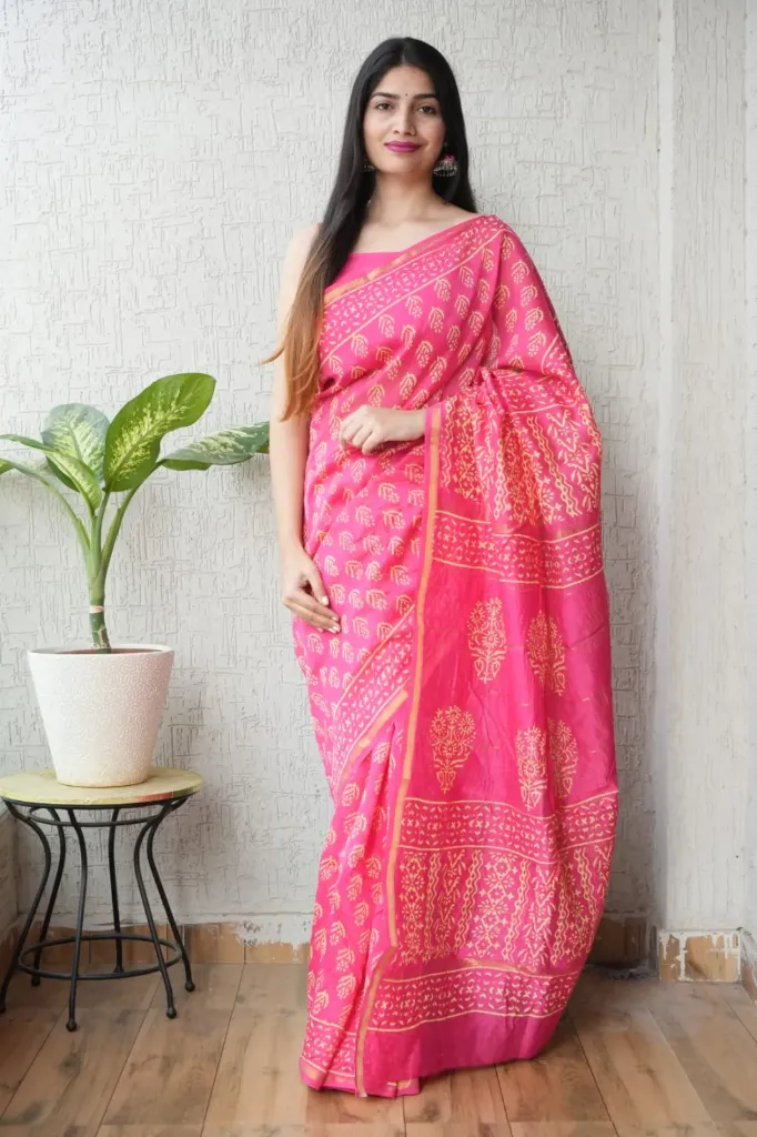 Hand Block & Ajrakh Mixed Print Lotus Pink Chanderi Silk Saree