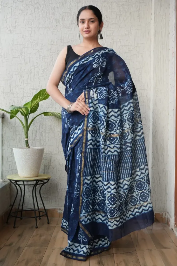 Hand Block Printed Ink Blue Chanderi Silk Saree
