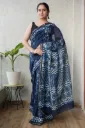 Hand Block Printed Ink Blue Chanderi Silk Saree
