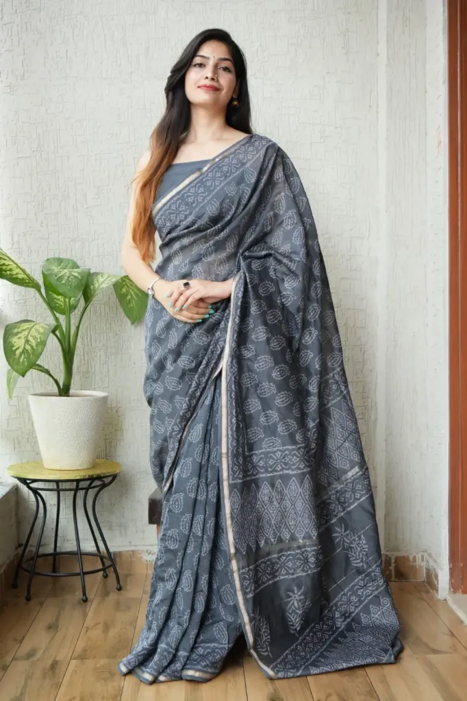 Hand Block Charcoal Chanderi Silk saree