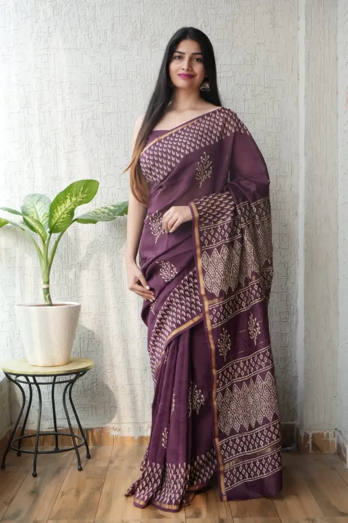 Hand Block & Ajrakh Mixed Print Chanderi Silk Saree