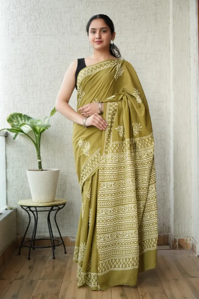 Hand Block Dabu Printed Cotton Mulmul Saree