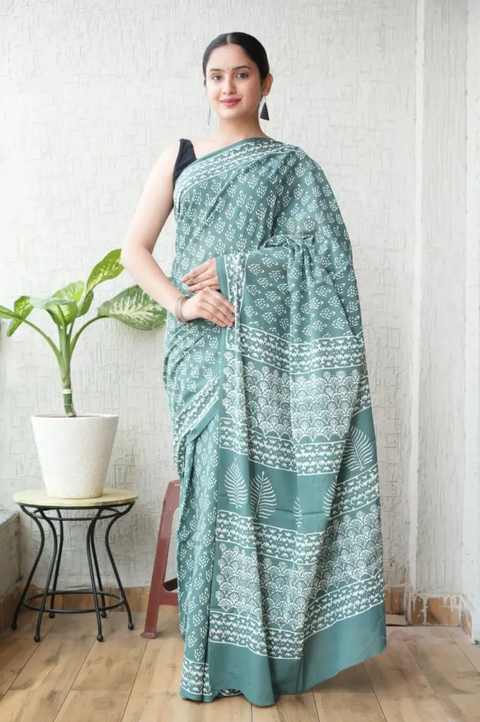 Hand block dabu printed greenish grey cotton mulmul saree