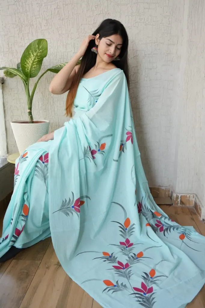 Hand brush print  sky blue cotton mulmul saree