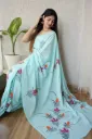 Hand brush print  sky blue cotton mulmul saree
