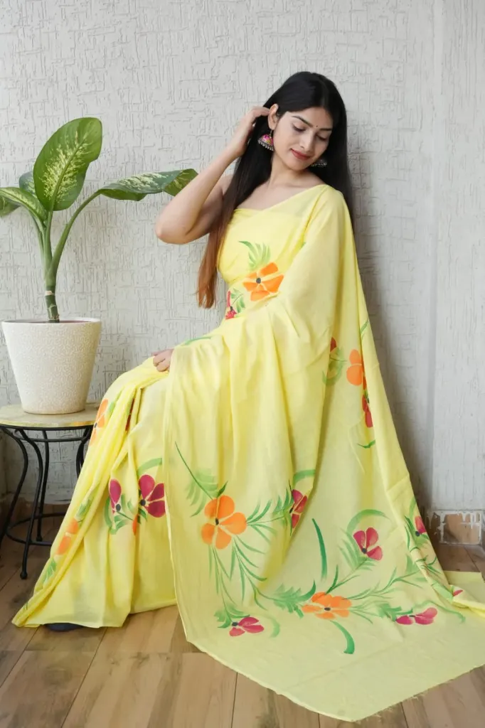 Hand brush print  lemon yellow cotton mulmul saree