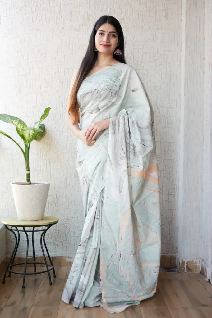Hand screen marble print cotton mulmul saree