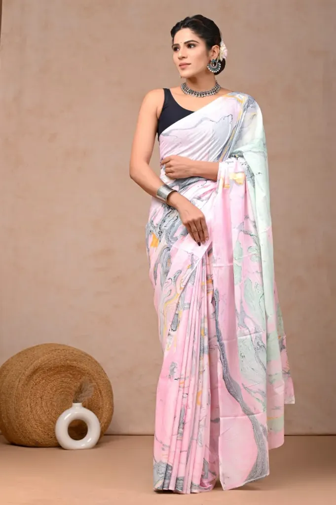 Hand screen marble print cotton mulmul saree